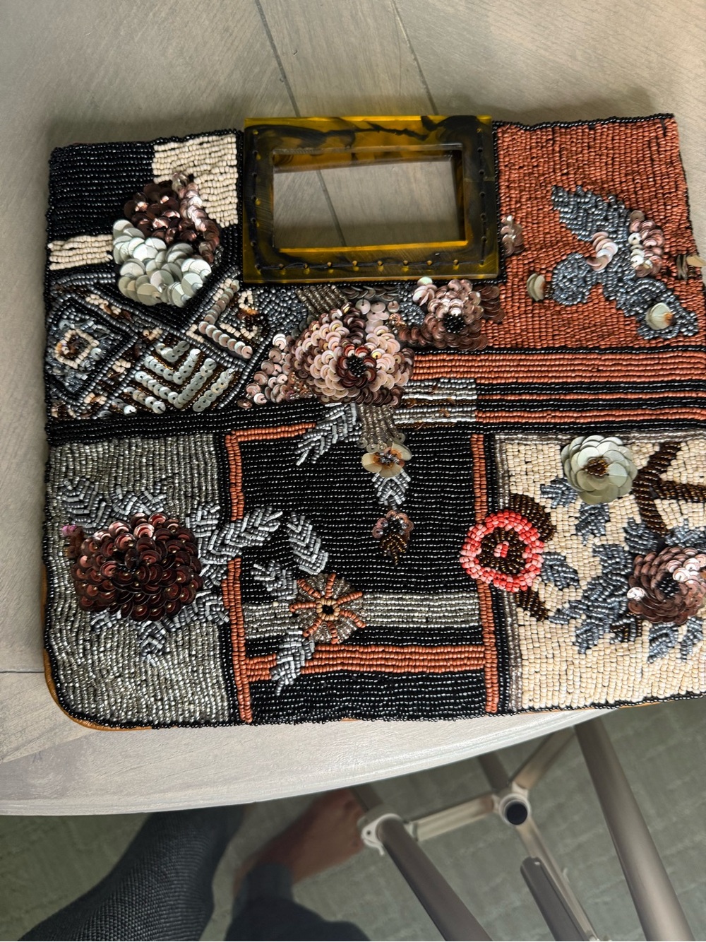 Anthropologie Black & Rust Beaded Floral Patchwork Clutch - Picture 6 of 12
